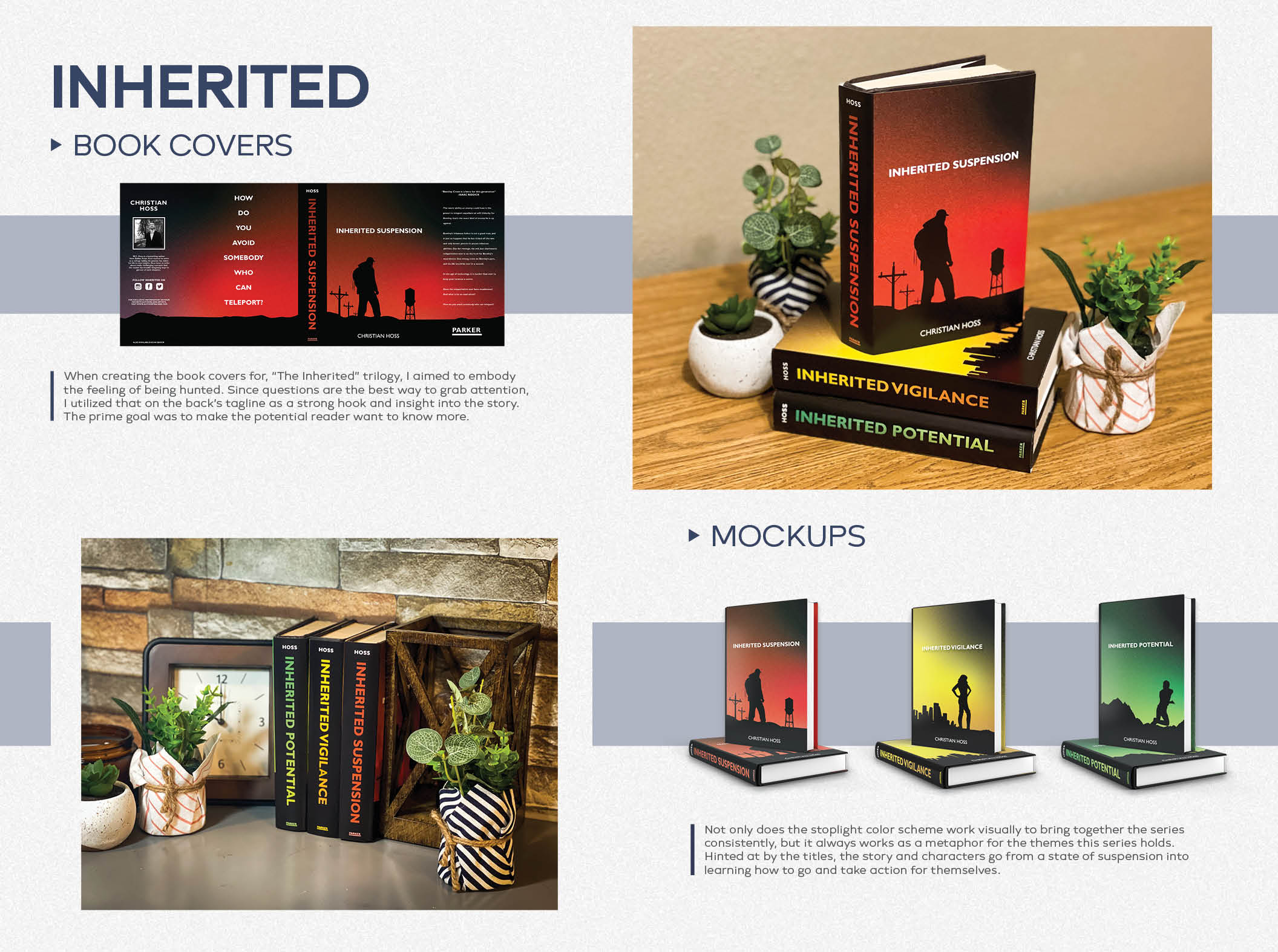 Inherited trilogy book covers and spines by Christian Hoss, shown as physical mockups and flat cover spreads.