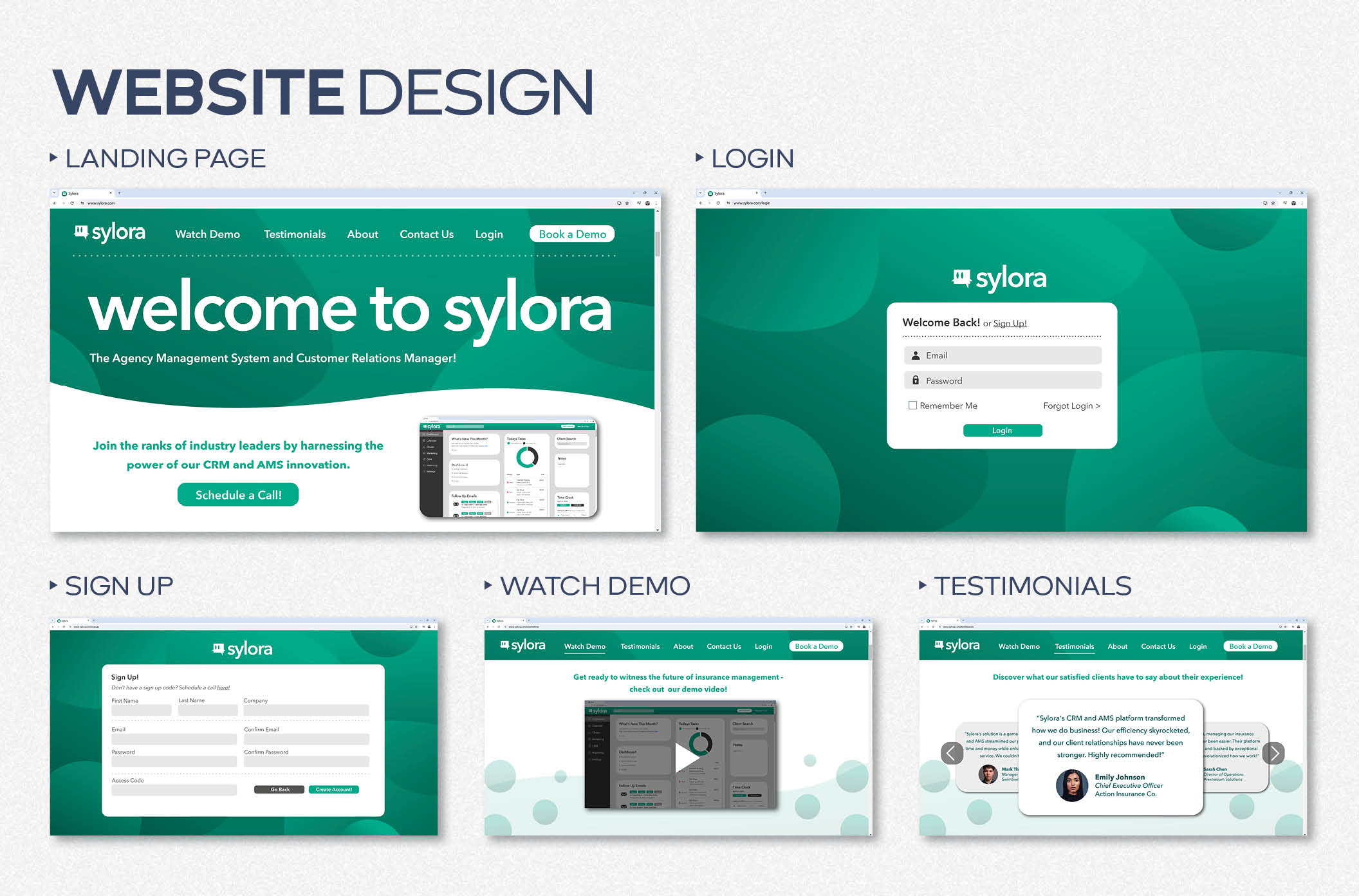 Sylora CRM marketing website: landing page, login, sign up, demo, and testimonials screens.