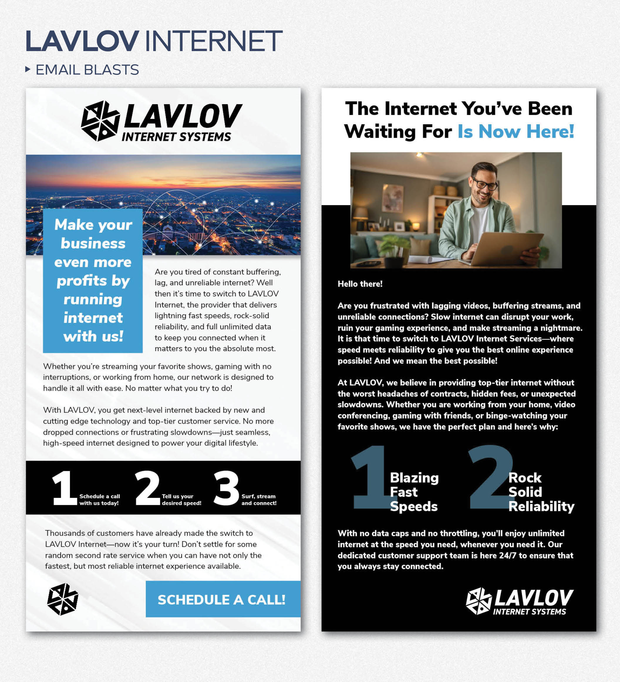 Two LAVLOV Internet promotional email designs side by side.