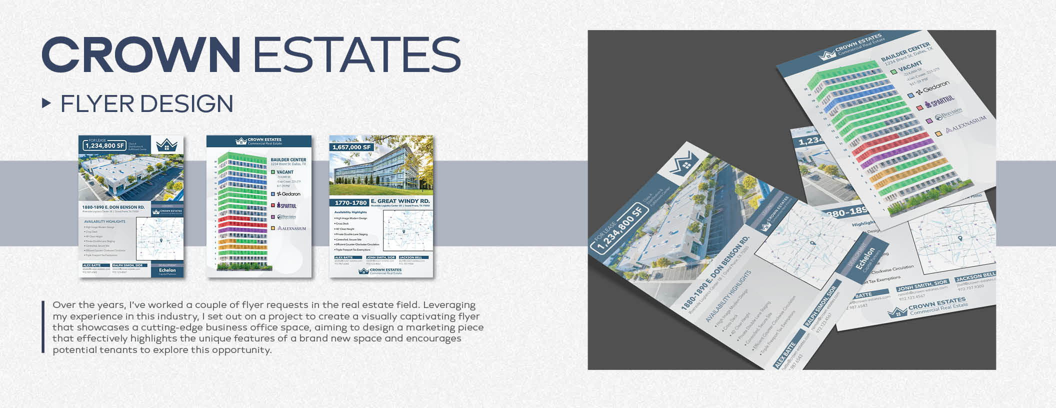 Crown Estates commercial real estate leasing flyers for two properties.