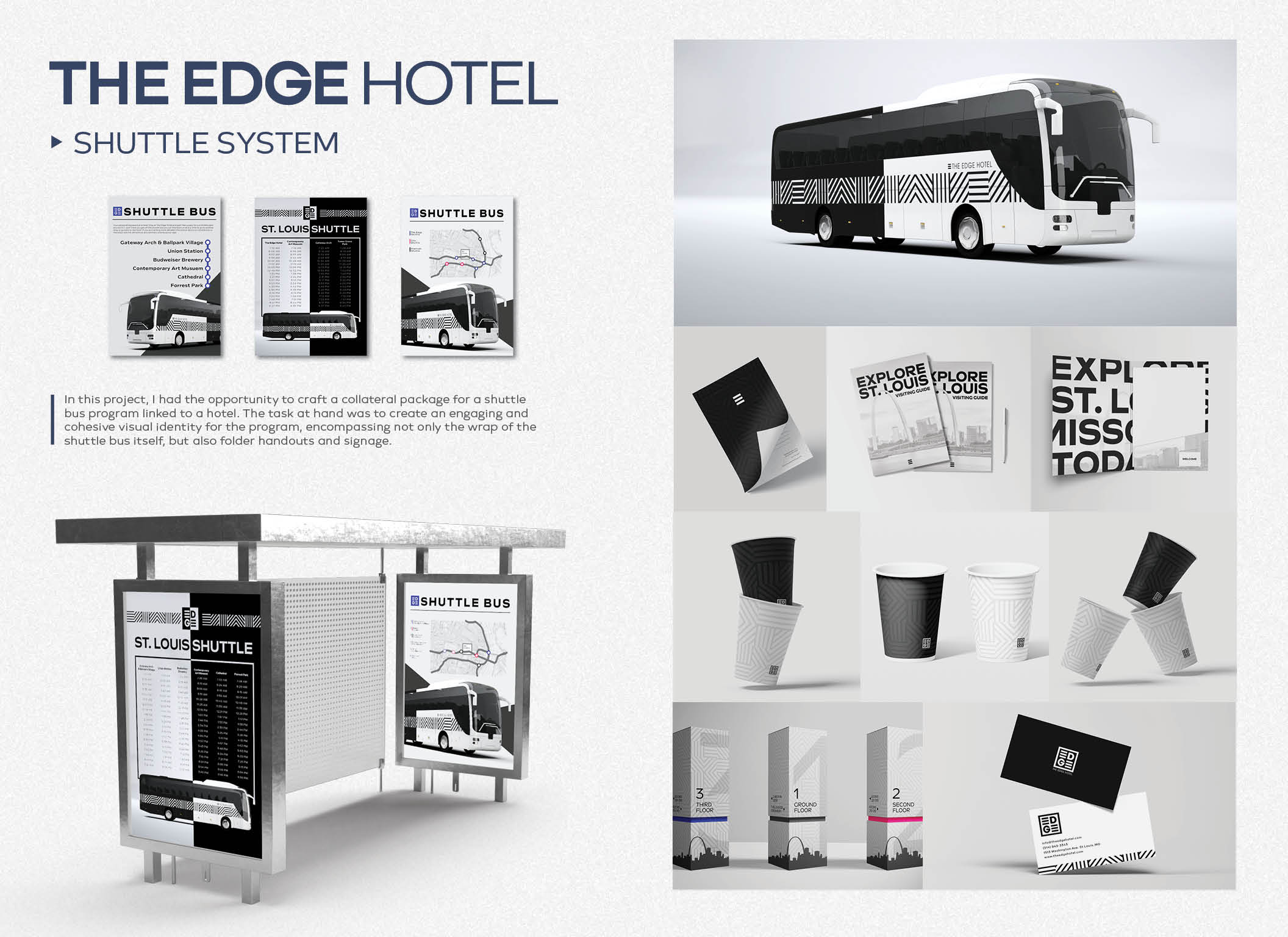 The Edge Hotel shuttle bus wrap, bus stop shelter signage, folders, cups, key packaging, and business cards.