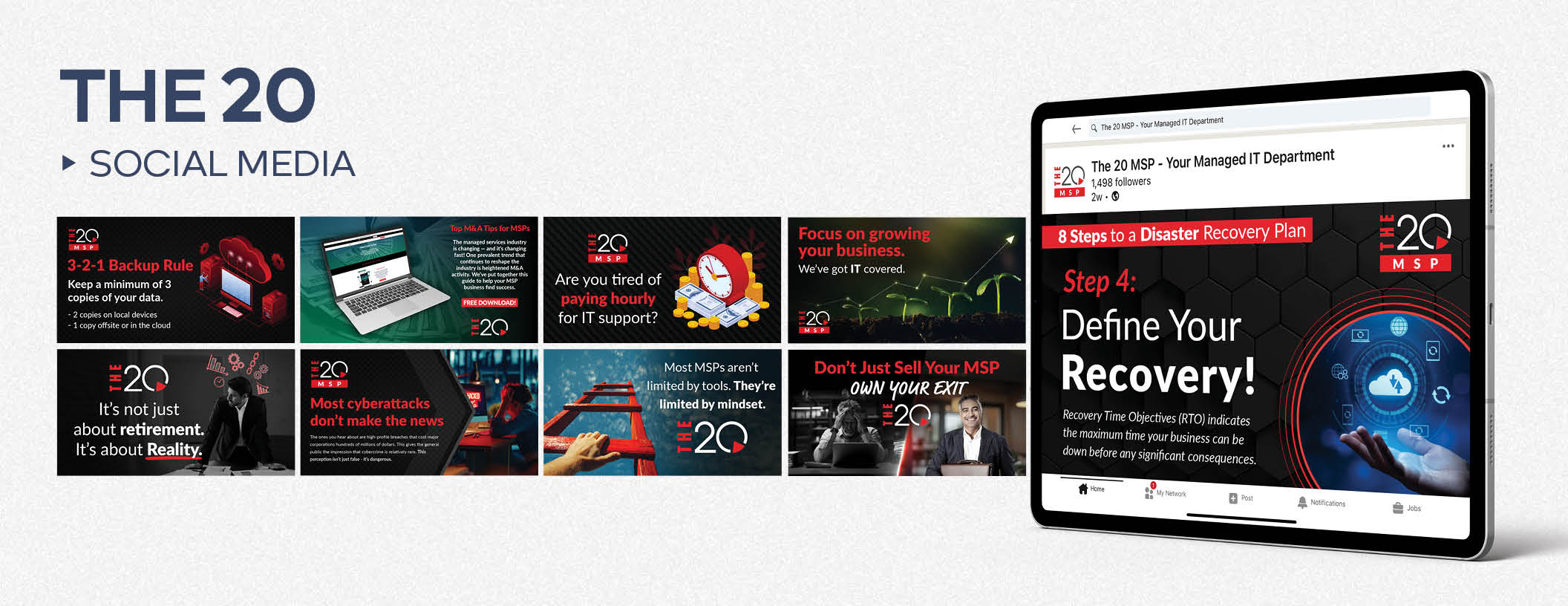 The 20 MSP social media graphics grid on backup rules, M&A tips, cyberattacks, and business exits, with a LinkedIn mockup.